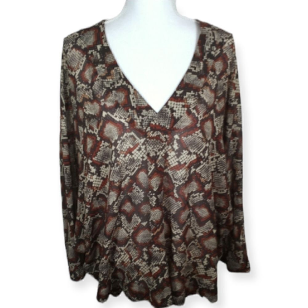 BLOUSE CREAM, BROWN, ORANGE SNAKE PRINT DOLMAN SLEEVE BLOUSE SZ.XL EUC